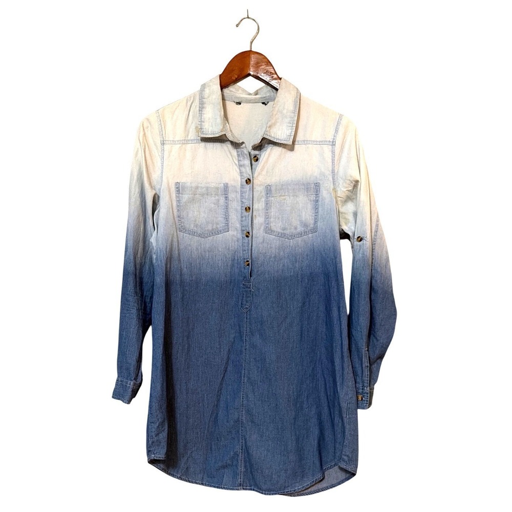 Ombre Denim Button-Down Tunic Dress Pockets‎ Long Sleeves Womens Size L Cotton